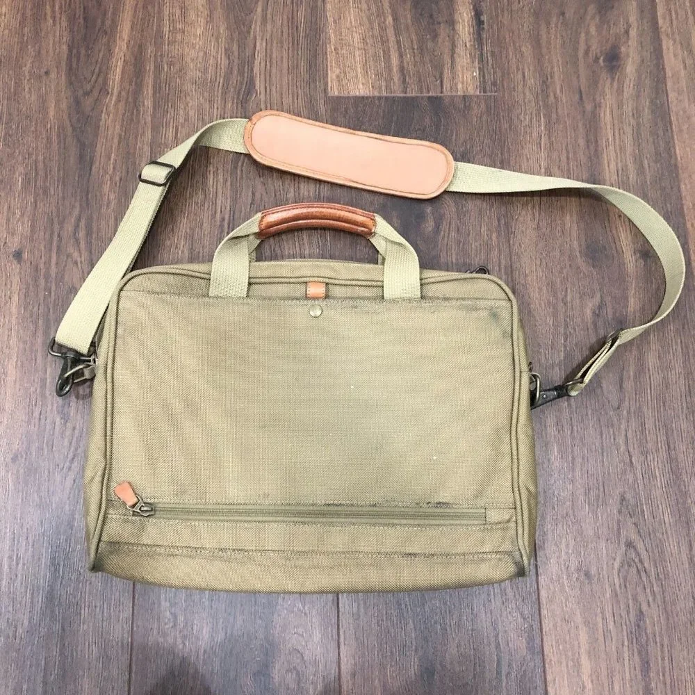 Hartmann Laptop Bag Nylon Tan Brown Leather Trim Shoulder Strap Crossbody